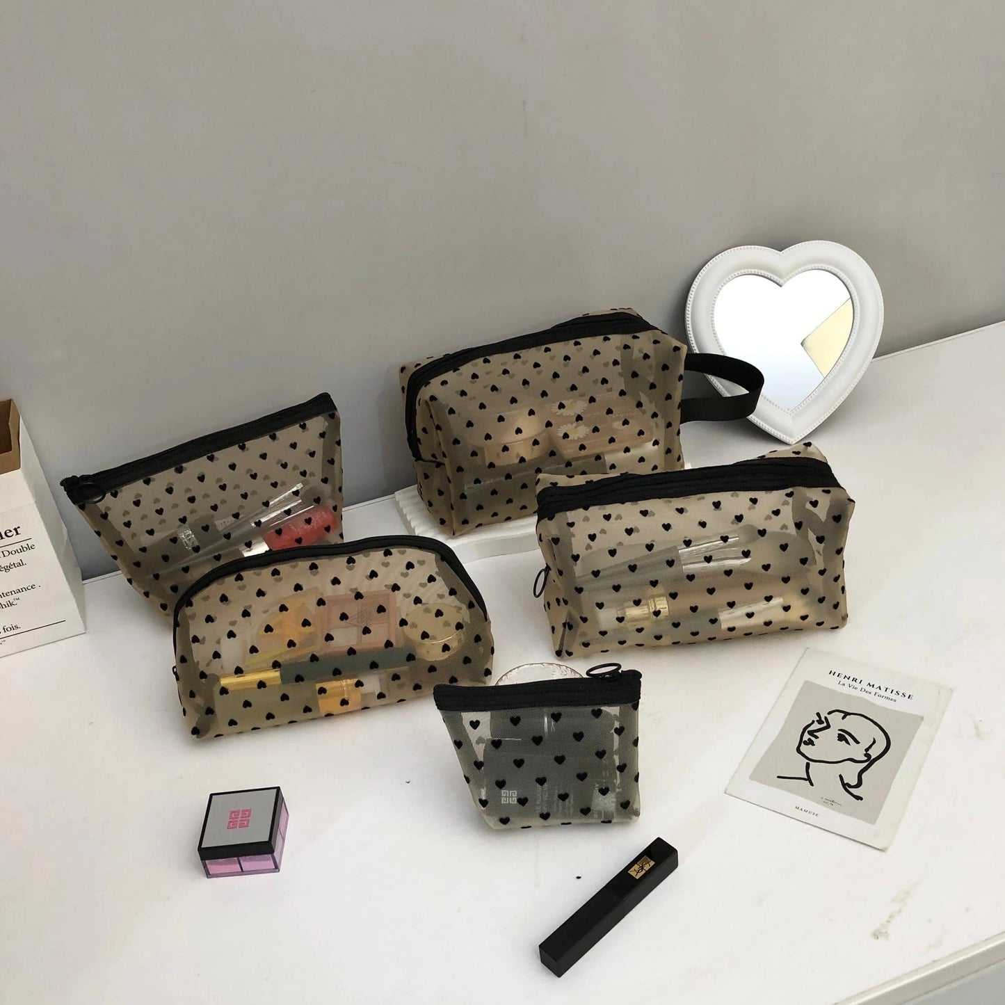 Beige & Black Heart Mesh Make Up Bag