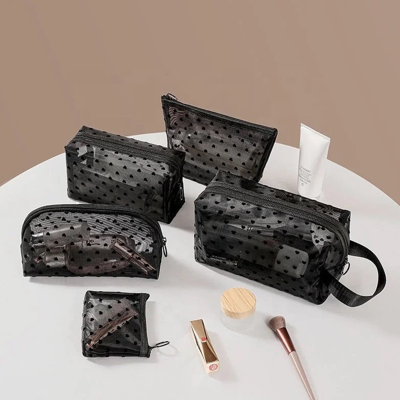 Black Heart Mesh Make Up Bag
