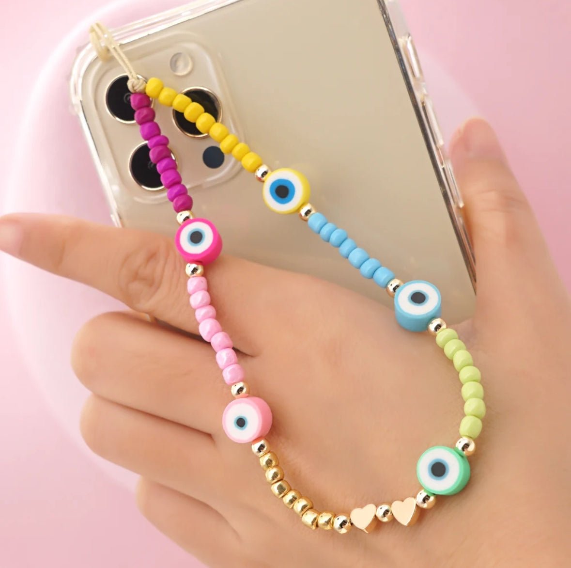 Mobile Phone Strap - EVIL EYE Pastel Rainbow & Gold
