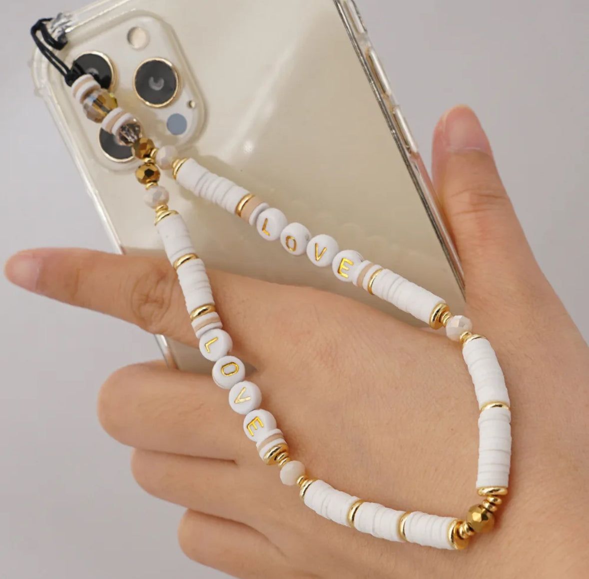 Mobile Phone Strap - LOVE White & Gold