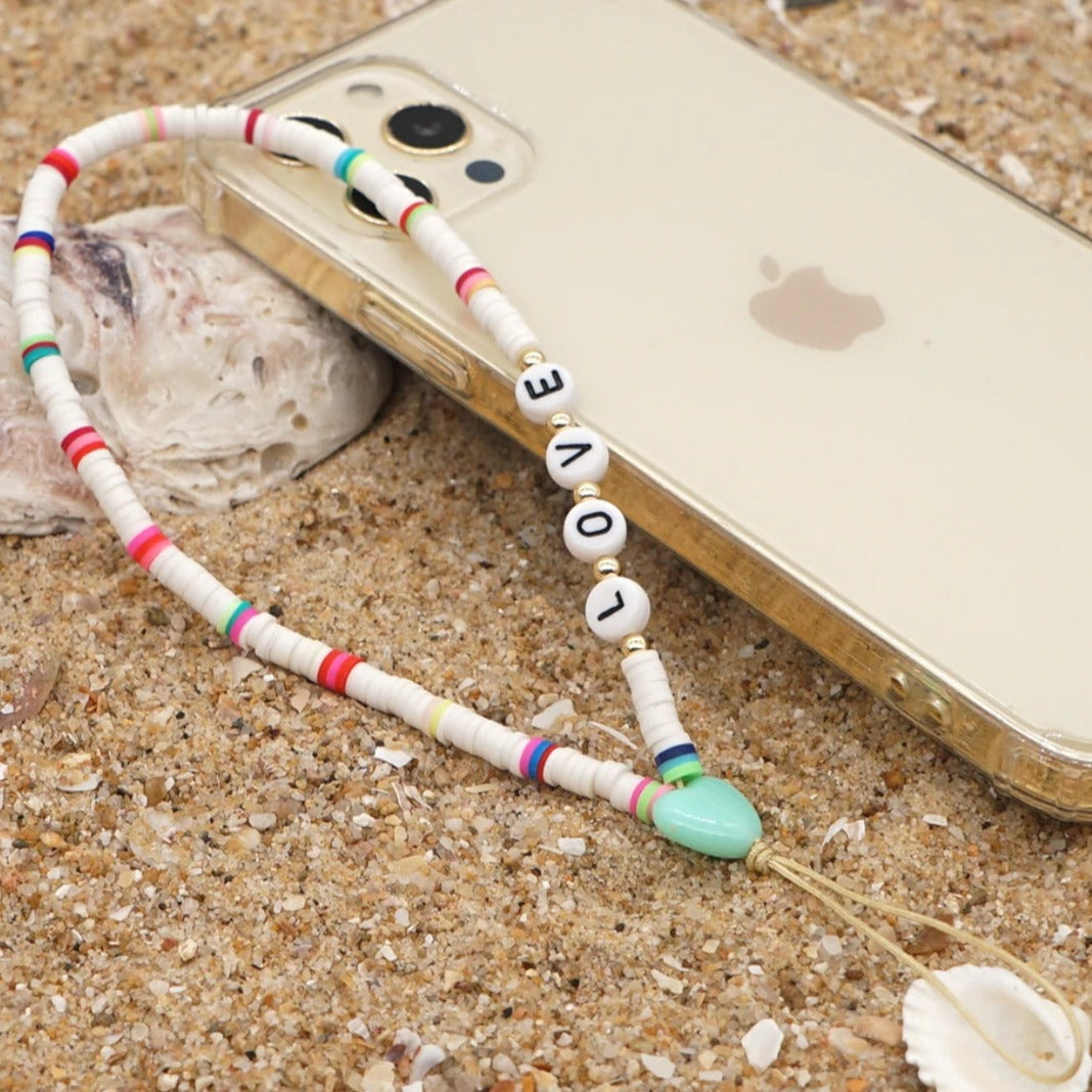 LOVE white rainbow beaded mobile phone strap