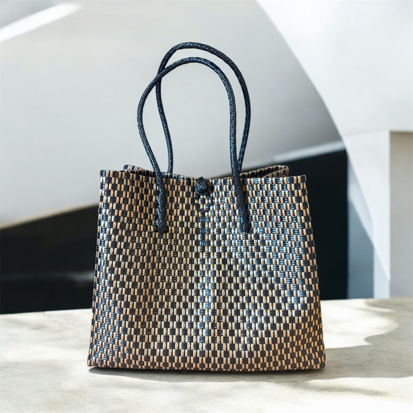 Gold & Black Woven Recycled Plastic Tote Bag