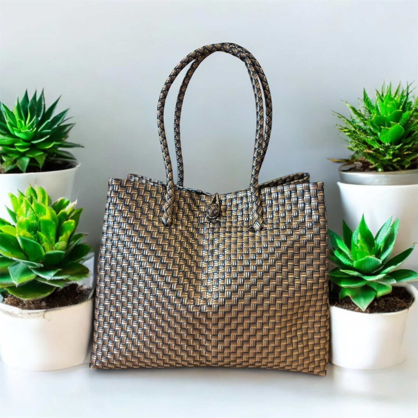 Bronze Metallic Woven Recycled Plastic Tote Bag