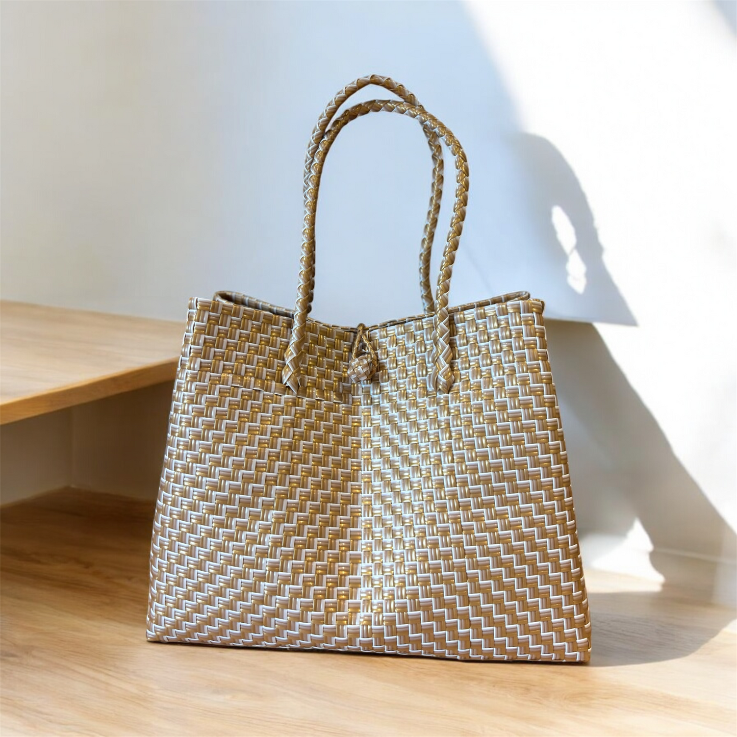 Gold & White Woven Recycled Plastic Tote Bag