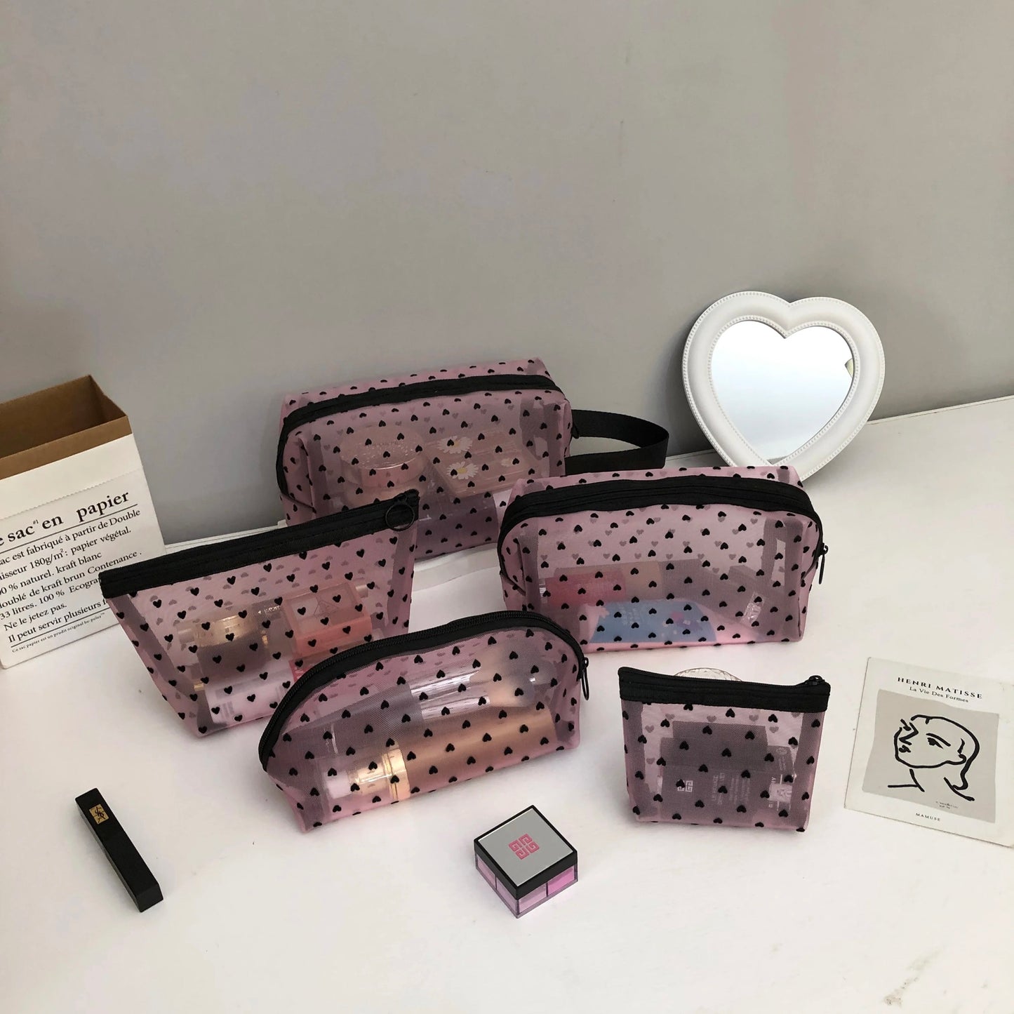 Pink & Black Heart Mesh Make Up Bag