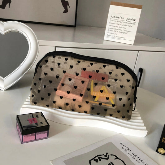 Beige & Black Heart Mesh Make Up Bag