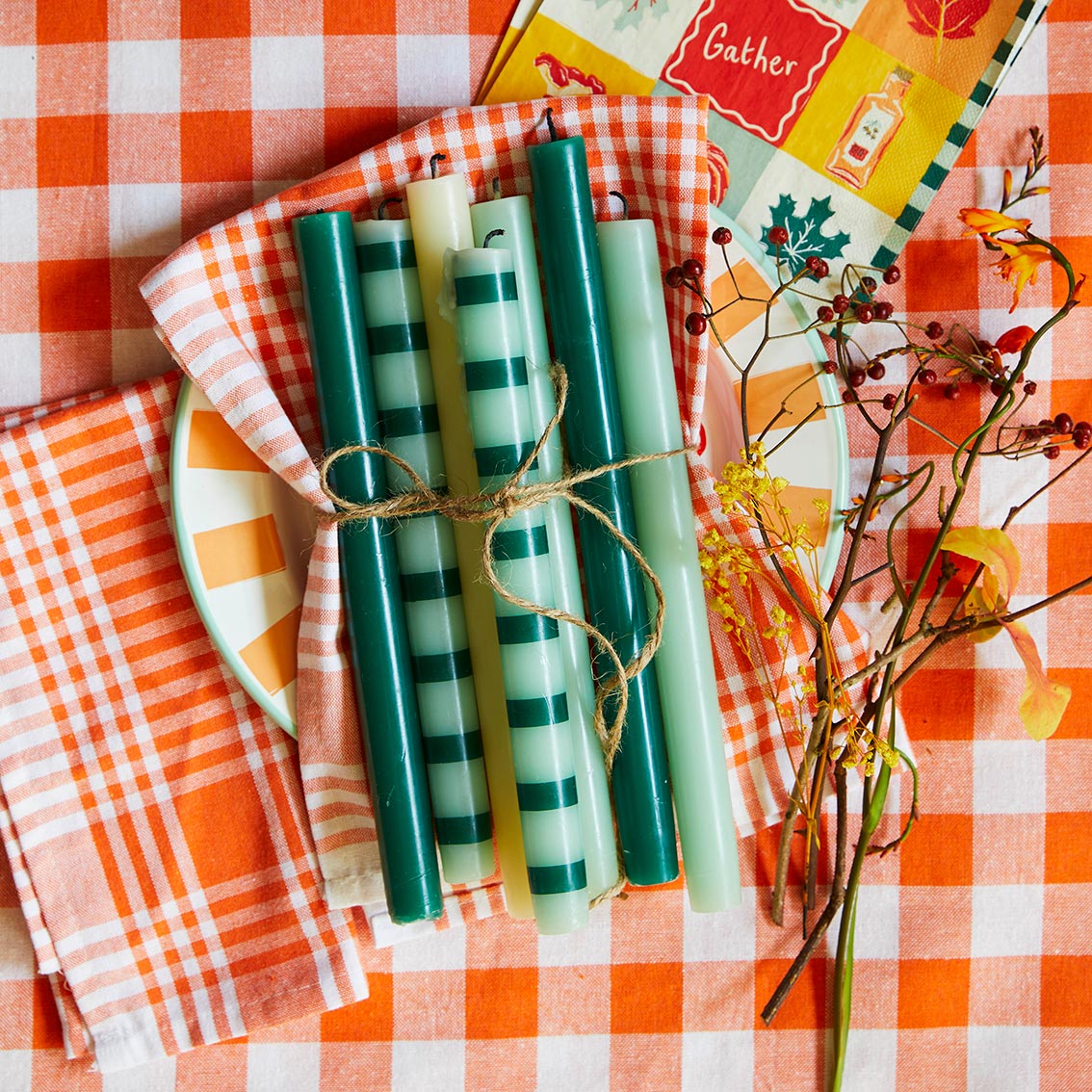 Orange Gingham Fabric Tablecloth